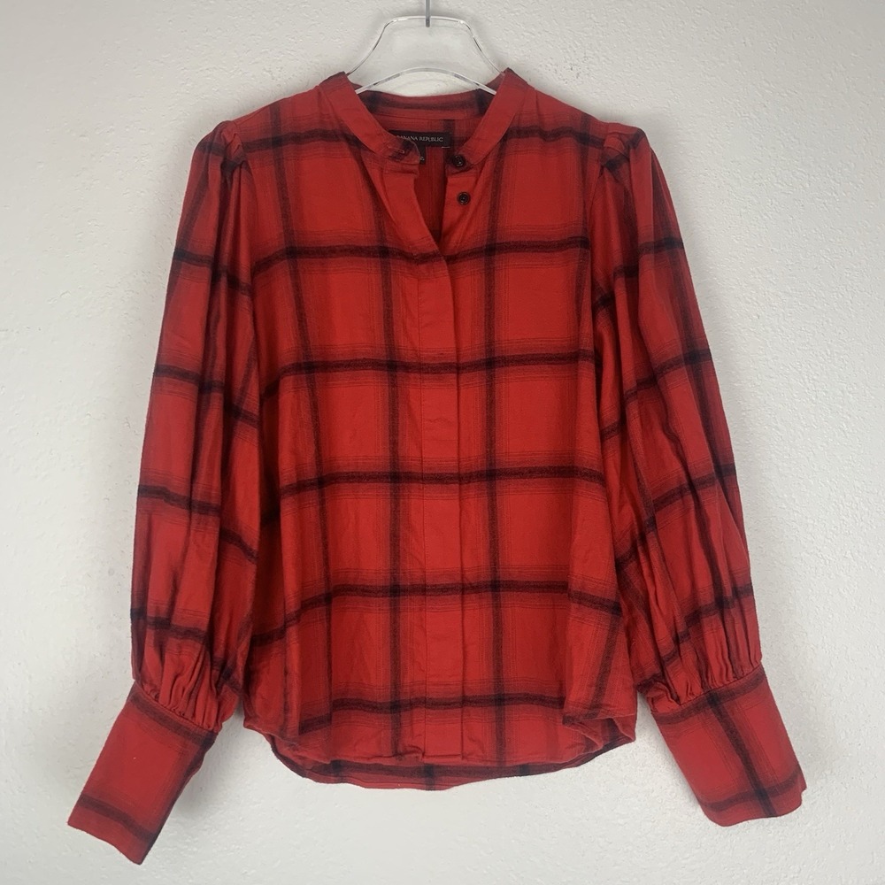 Banana Republic Shirt Womens Small Puff Sleeve Flannel Button Up Western Preppy